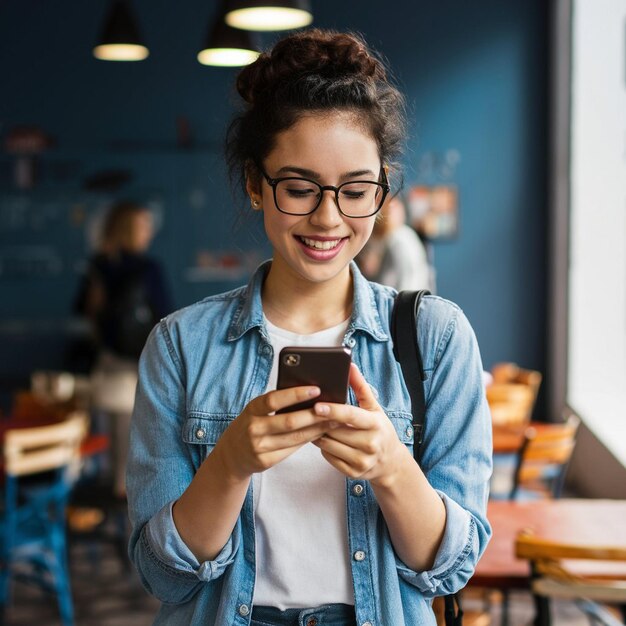 Mulher sorrindo com óculos segurando o celular para fazer simulação de empréstimo com garantia de imóvel